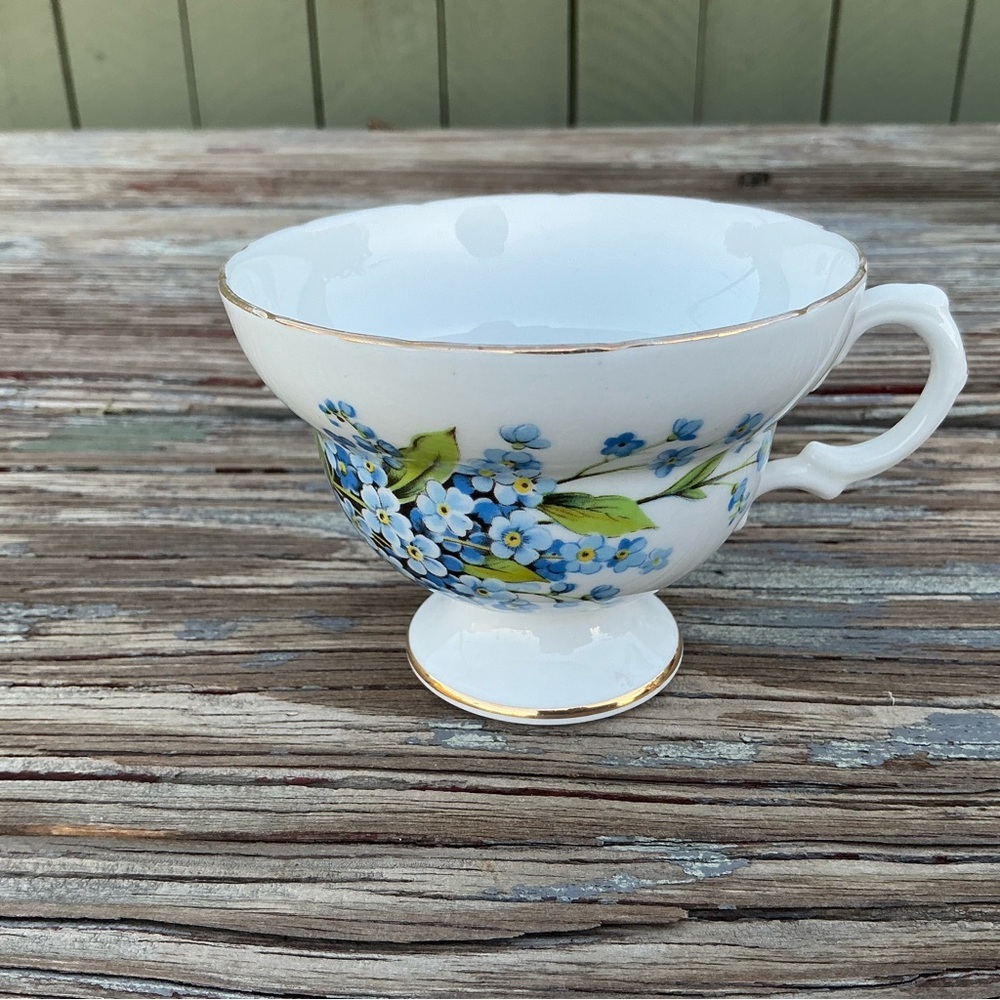 Rosina English Bone China Footed Cup & Saucer Forget Me Nots - Gold Trim floral
